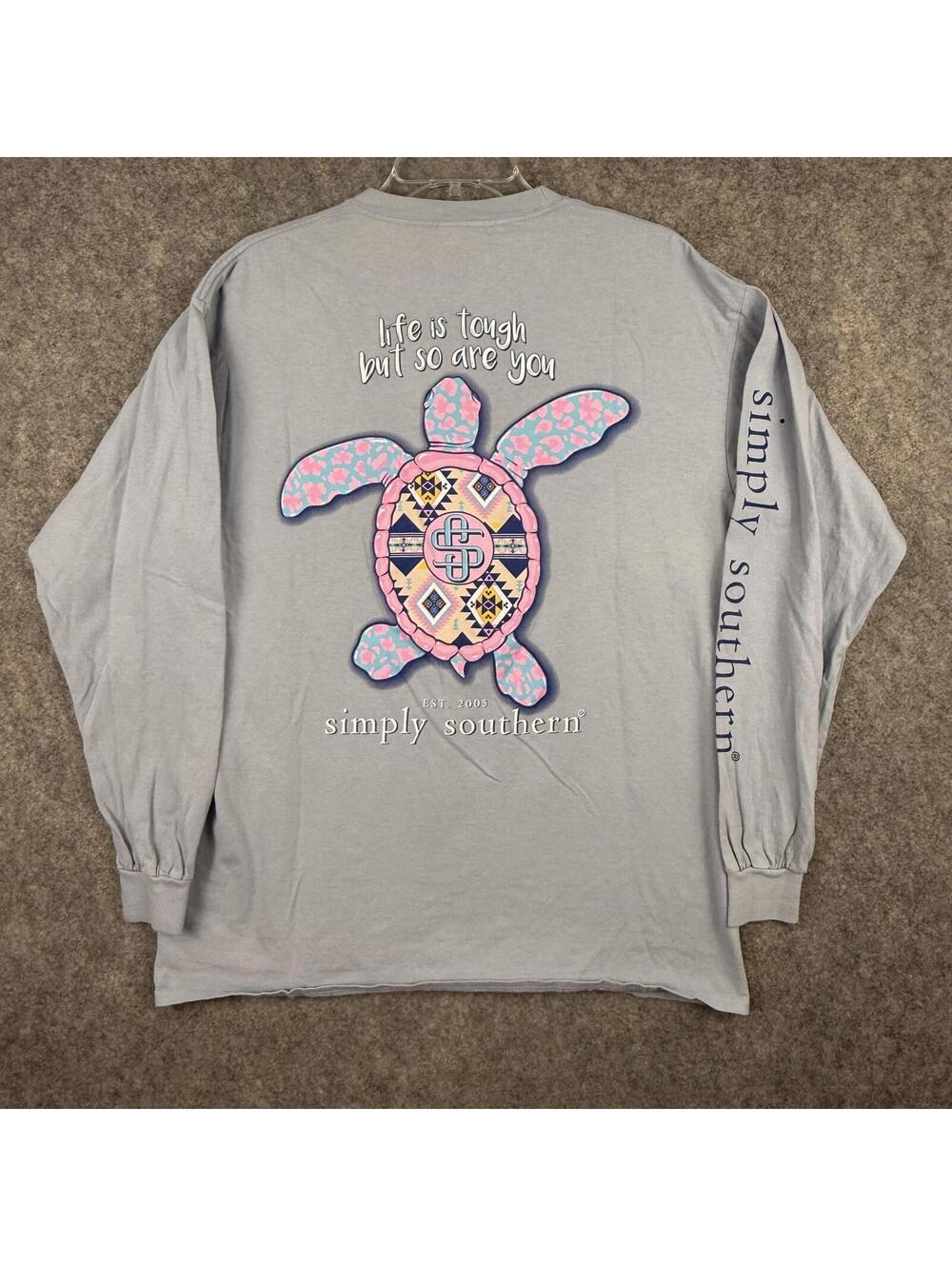 Simply Southern LS T Shirt Blue Pink Turtle Life Is Tough So Are You Large 385
